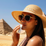 **

A traveler applying sunscreen while wearing a wide-brimmed hat and sunglasses, with the Egyptian pyramids faintly visible in the background. Emphasis on sun protection and acclimatization.

**