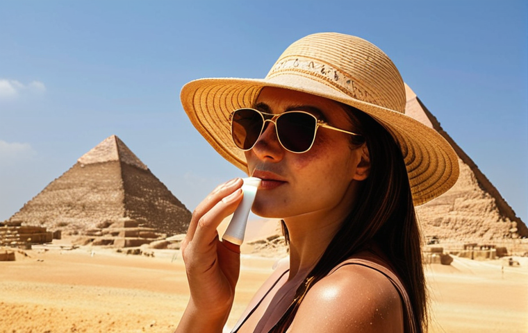 **
A traveler applying sunscreen while wearing a wide-brimmed hat and sunglasses, with the Egyptian pyramids faintly visible in the background. Emphasis on sun protection and acclimatization.
**