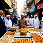 **Ancient Egypt Influence:** A bustling Cairo street scene, blending modern life with ancient Egyptian symbols. Depict vendors selling traditional Islamic items alongside miniature Isis statues and "hamsas" (hand amulets). Capture a "Mulid an-Nabi" celebration in the background with vibrant processions, hinting at the fusion of ancient rituals and Islamic practices.