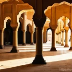 이집트에서 가장 오래된 모스크 - **Prompt:** A majestic interior view of the Amr ibn al-As Mosque in Old Cairo, Egypt. Sunlight strea...