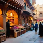 이집트 바자르 쇼핑 팁 - **Prompt:** A bustling and vibrant Egyptian bazaar, under the soft glow of an early morning sun filt...